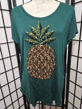H&M Sequin Pineapple Emerald Green Size Large Short-Sleeve T-Shirt
